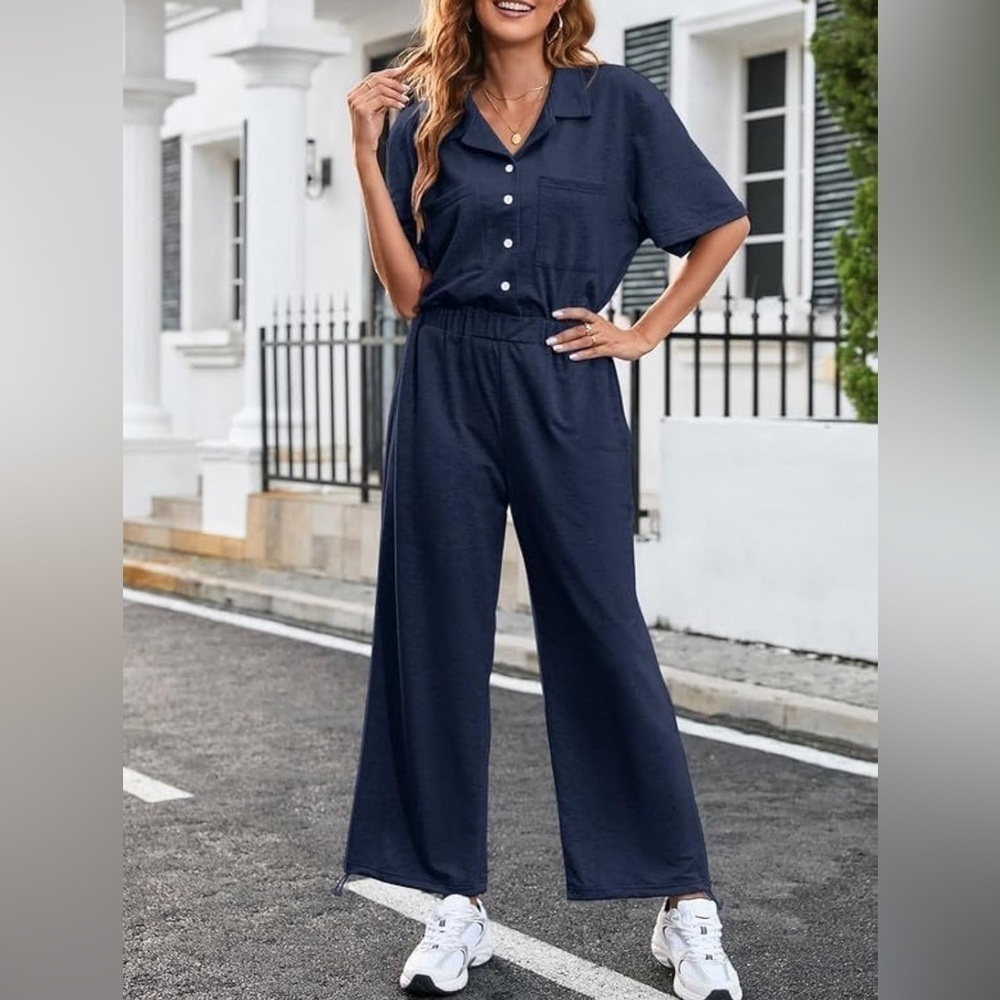 Womens Button Up Collared Short Sleeve High Waisted Drawstring Hem Casual - Picture 2 of 4